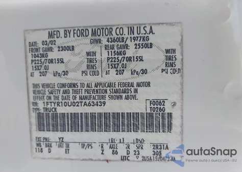 2002 Ford Ranger z USA, uszkodzony, nr VIN 1FTYR10U02TA63439